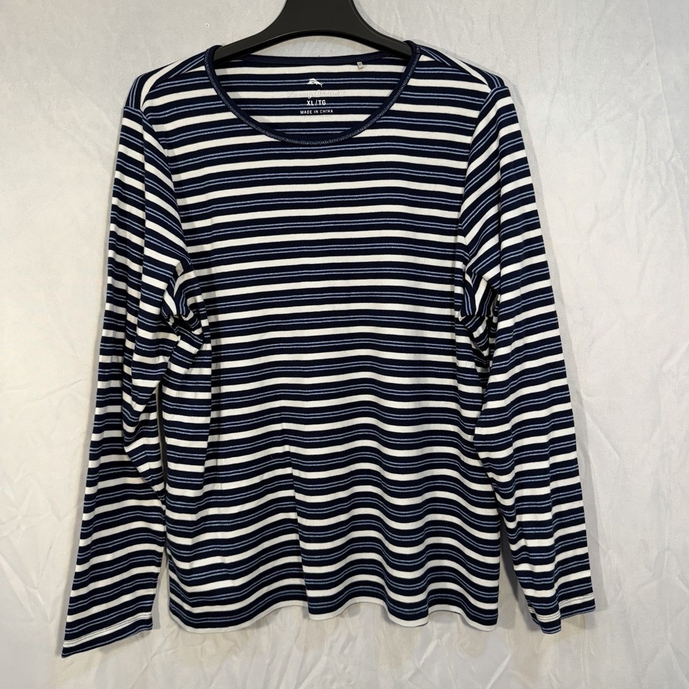 Tommy Bahama Women's Long Sleeve Shirt Round Neck Blue Gold Trimmed XL Stretch‎
